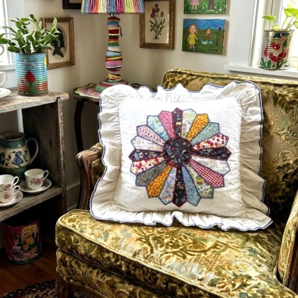 Handmade Dresden plate patchwork pillowcase sham vintage blue embroidered trim